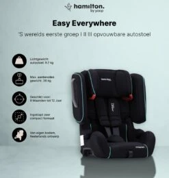 Hamilton By Yoop Cabrio Premium Opvouwbare Autostoel – Veilig, Comfortabel En Lichtgewicht Autozitje – Groep I, II, III Autostoeltje Voor 9 Maanden Tot 12 Jaar – Neon Blauw – ISOFIX Kliksysteem - 1e Opvouwbare Autostoel Ter Wereld - Zwart/Neon Blauw -Babyreizen 1139x1200