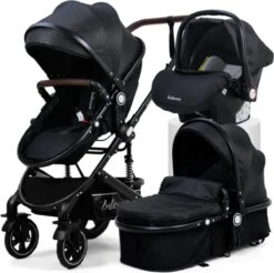 Belecoo - Luxe Kinderwagen - 3-in-1 Buggy - Opklapbare Wandelwagen - Autostoel - Wieg - Multifunctioneel - Zwart