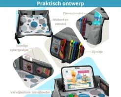 Premium Reistafel Voor Kinderen - Inclusief Tablethouder + Gratis Draagtas En Potloden - Auto Organizer - Playtray - Opvouwbaar - Speeltafel Auto - Tekentafel Auto - Grijs -Babyreizen 1200x960